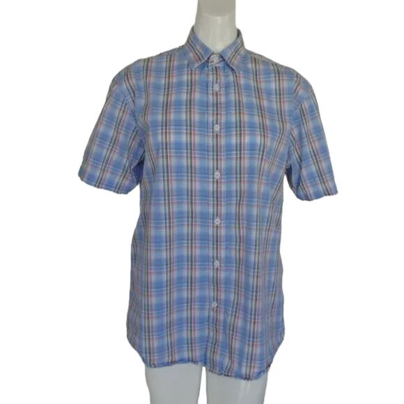 JAMES CAMPBELL Shirt, M, Blue Plaid, Short sleeves, Button down, Cotton - Picture 8 of 12